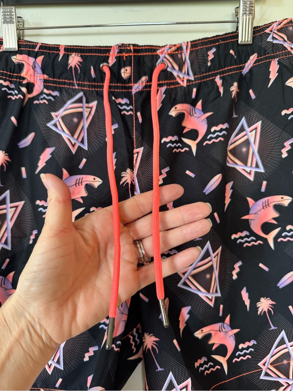 Party Sharks Neon 80s Shark Retro Surf Swim Trunks XL - Picture 4 of 7